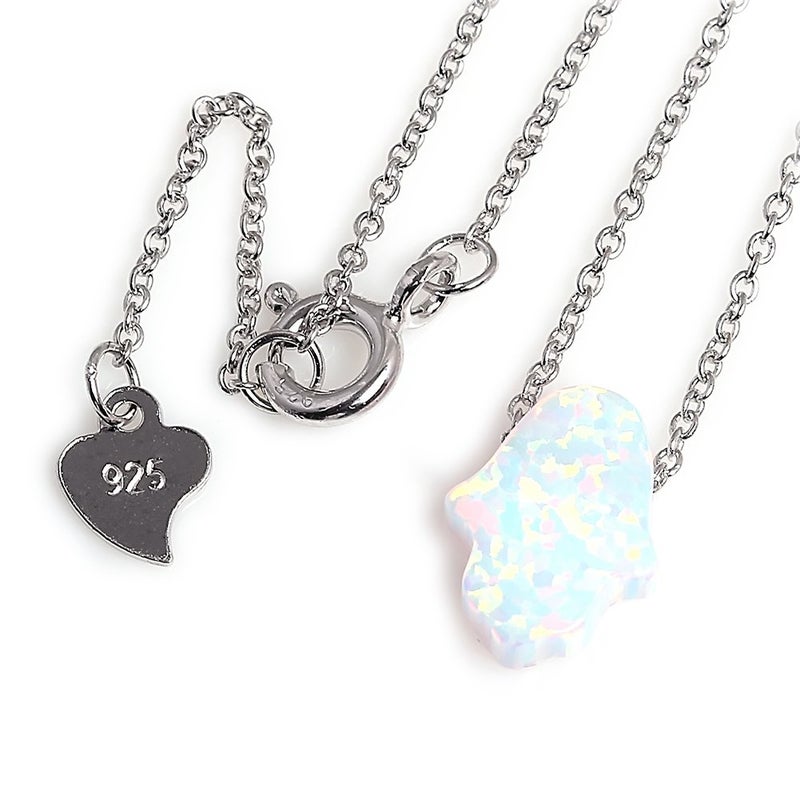 Kaletine Hamsa Hand of Fatima Necklace Sterling Silver White Synthetic Opal Pendant 11x13mm Cable Chain 16"/17"/18" - Image 2
